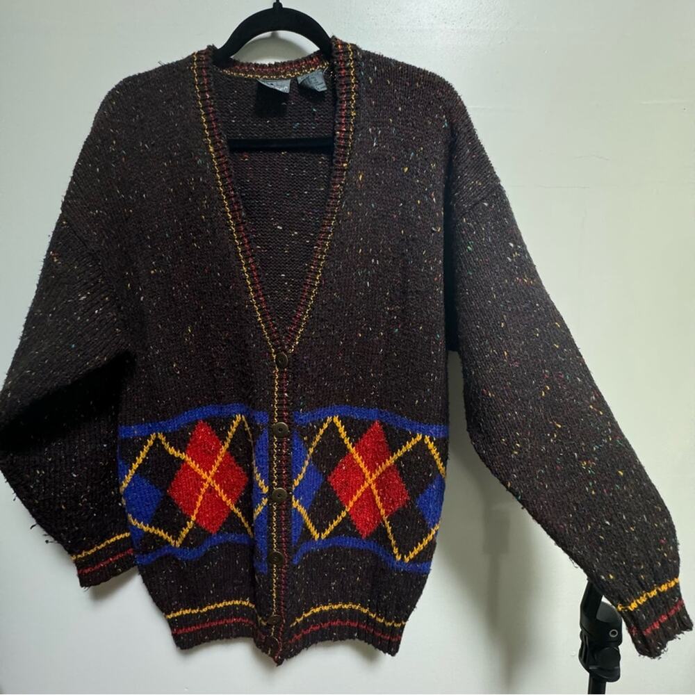 Vintage Cardigan Plaid Prep Argyle Thick Wool blend Button Small 80s